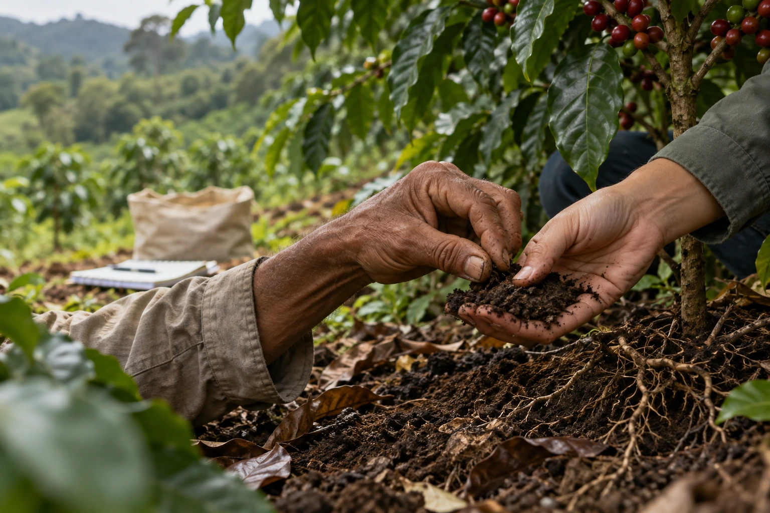 Visualización de manos de un productor y un profesional observando suelo junto a un cafeto.